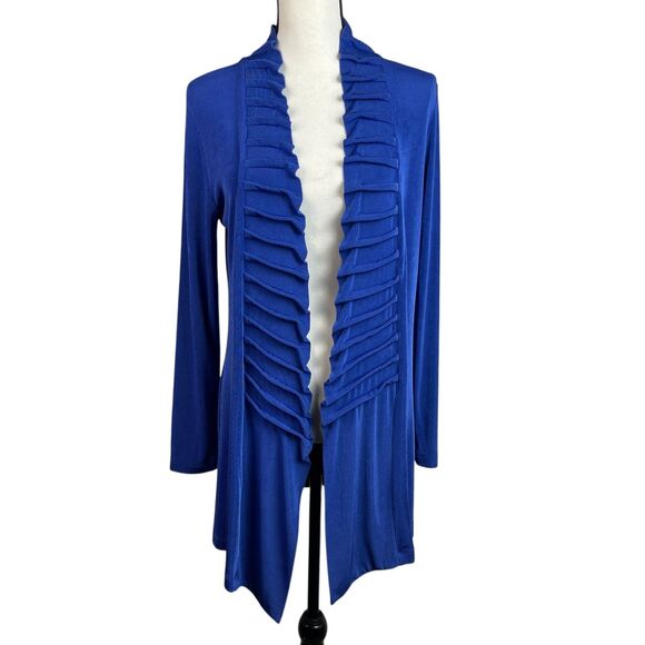 Chico’s Travelers Open Front Cardigan Size 1 (Medium) Blue Ruffle Long Sleeve - Picture 1 of 10